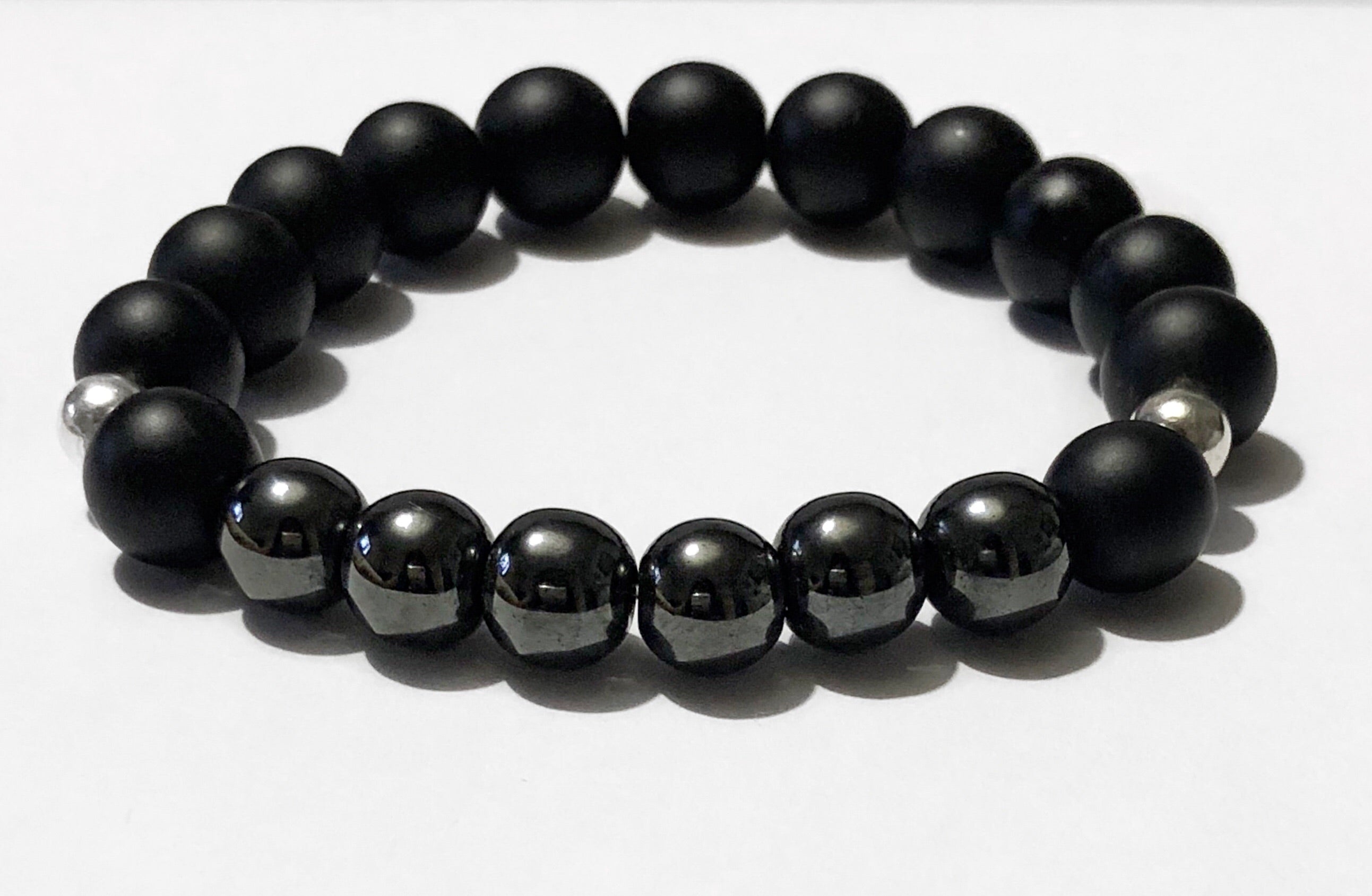 Men’s Hematite Silver and Onyx Beaded Bracelet