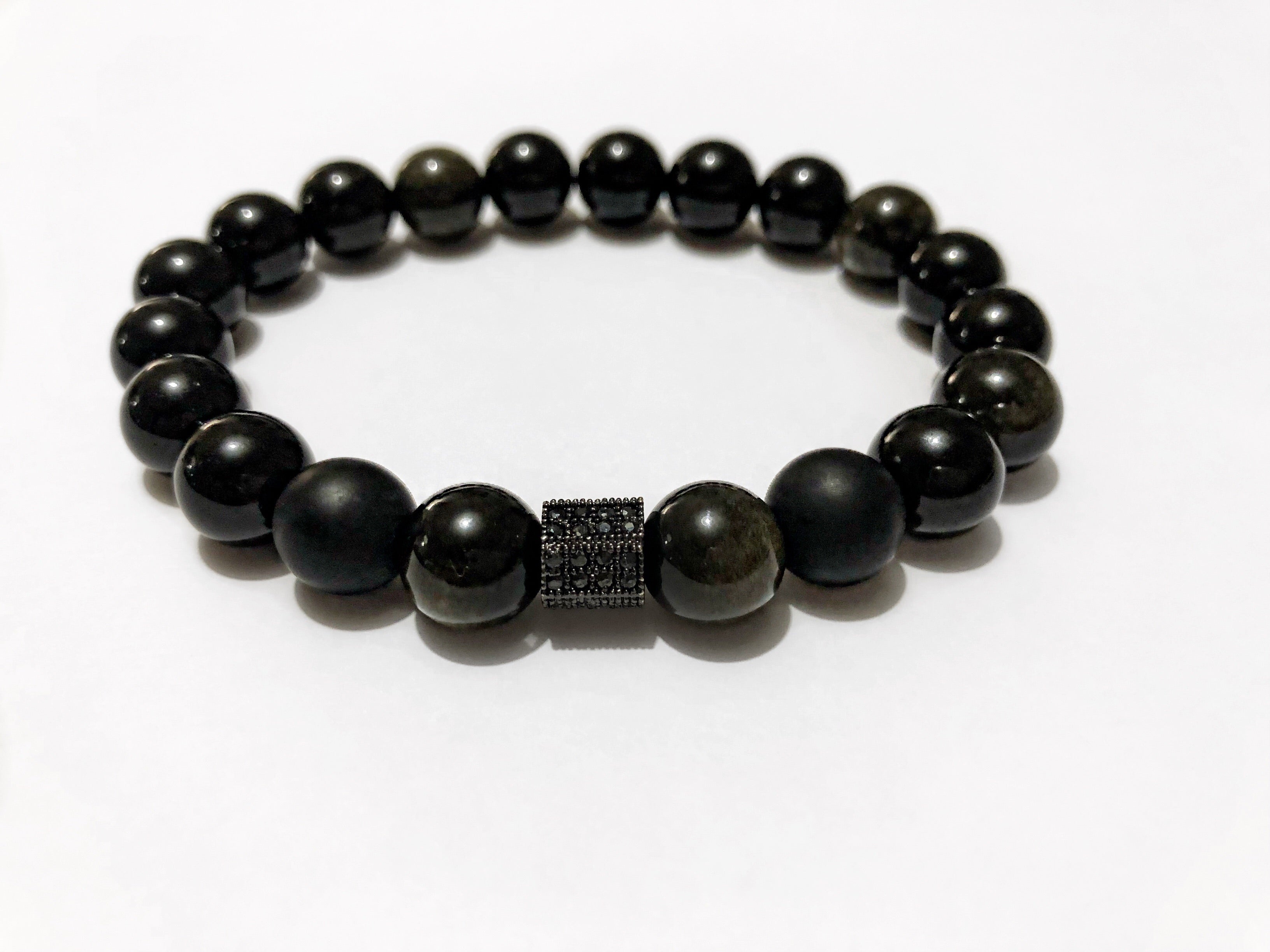 Men's Black Obsidian & Gun Metal Beaded Bracelet