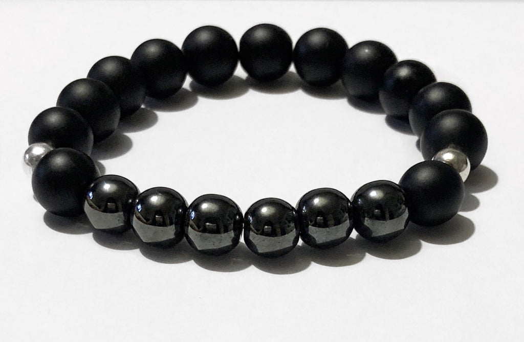 Men’s Hematite Silver and Onyx Beaded Bracelet